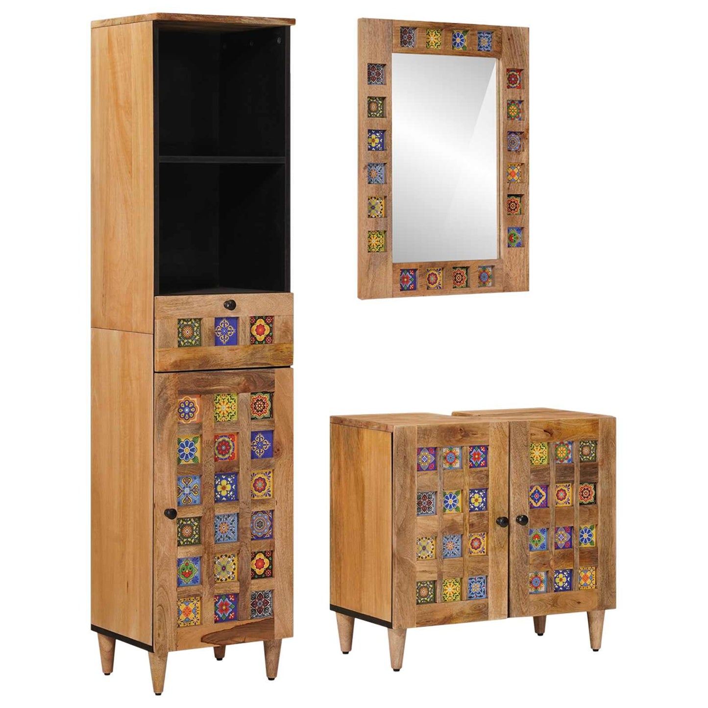 Badezimmermöbel-Set mit Schubladen 3 pcs Natur Massivholz Mango