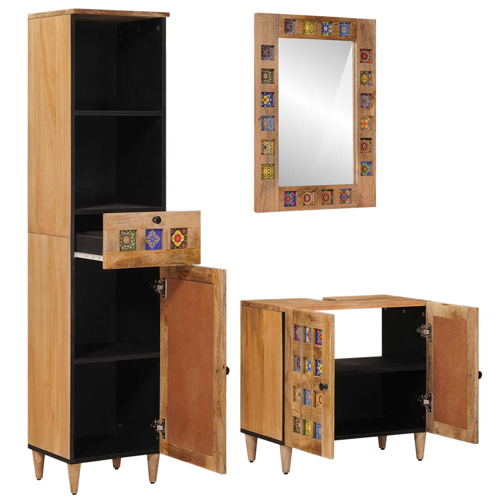 Badezimmermöbel-Set mit Schubladen 3 pcs Natur Massivholz Mango