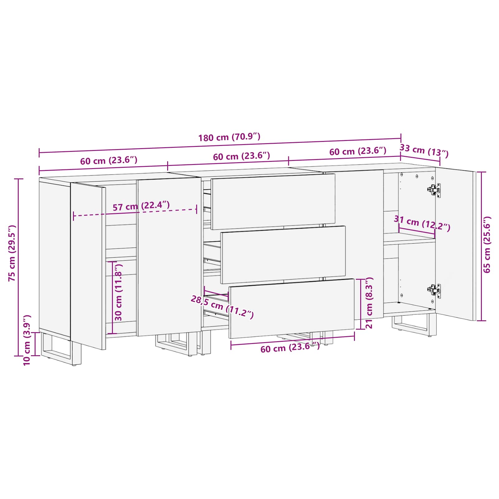 Sideboard 3 Stk. 60 x 33 x 75 cm Massivholz Mango Braun