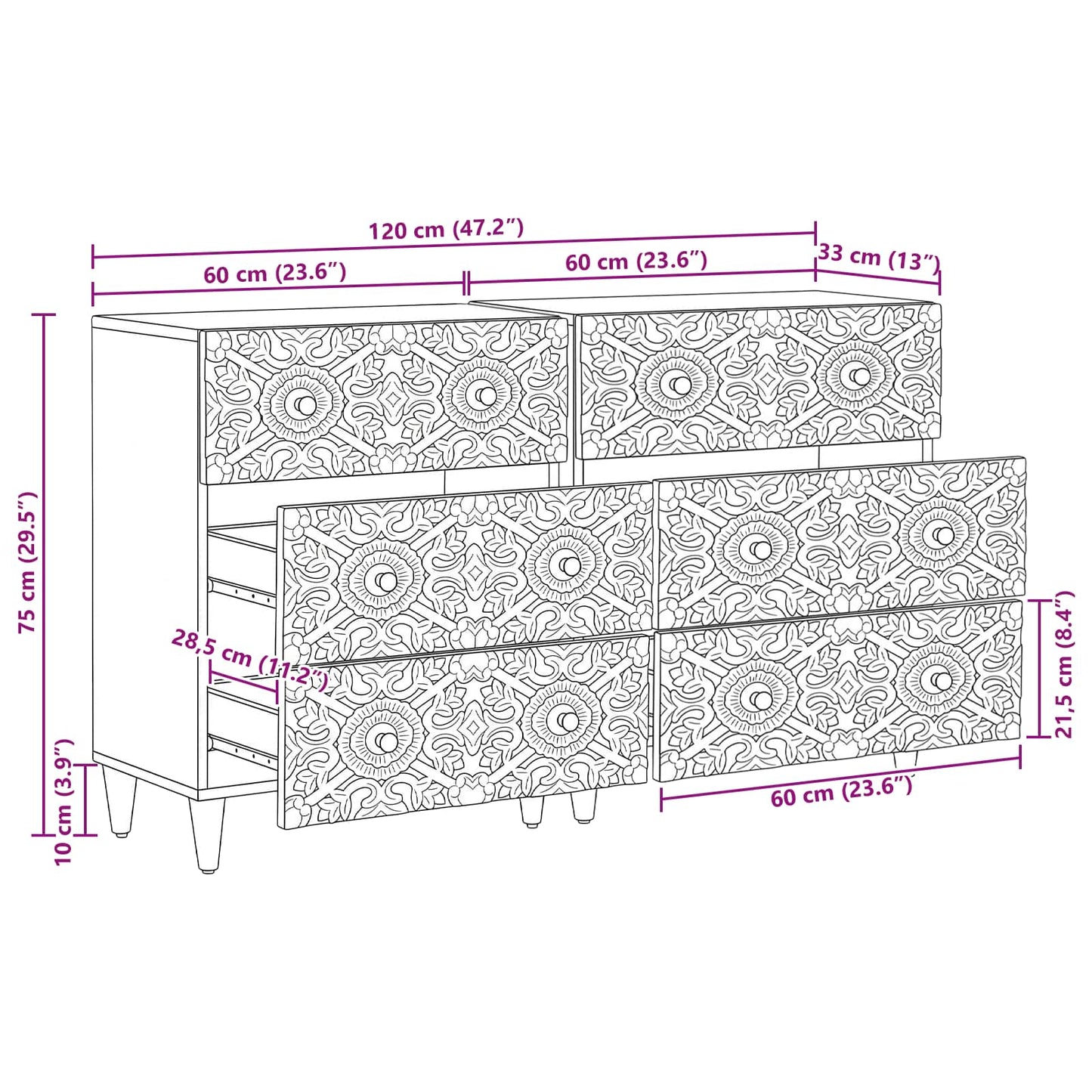 Sideboard 2 stk. 60 x 33,5 x 75 cm Massivholz Mango Braun