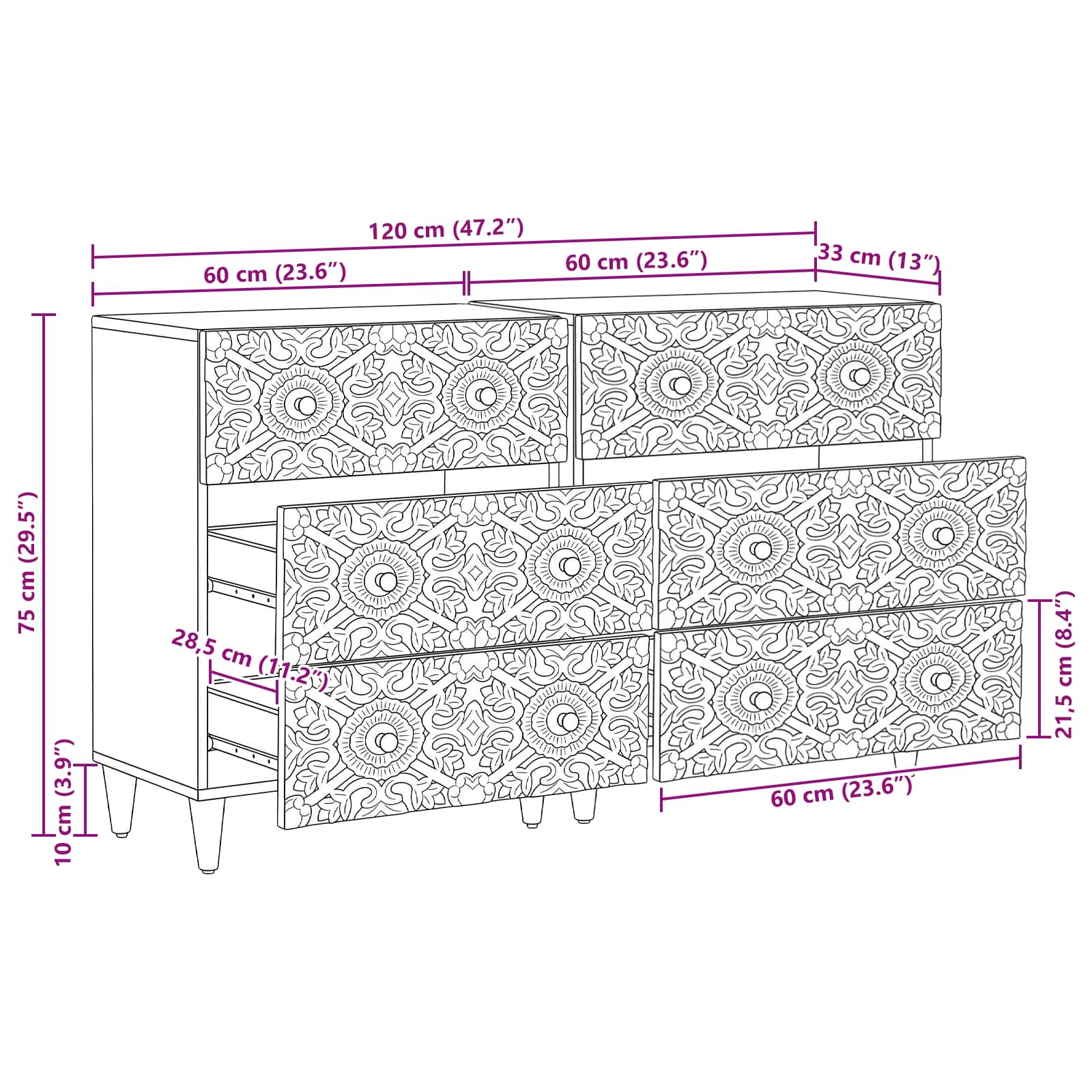 Sideboard 2 stk. 60 x 33,5 x 75 cm Massivholz Mango Braun
