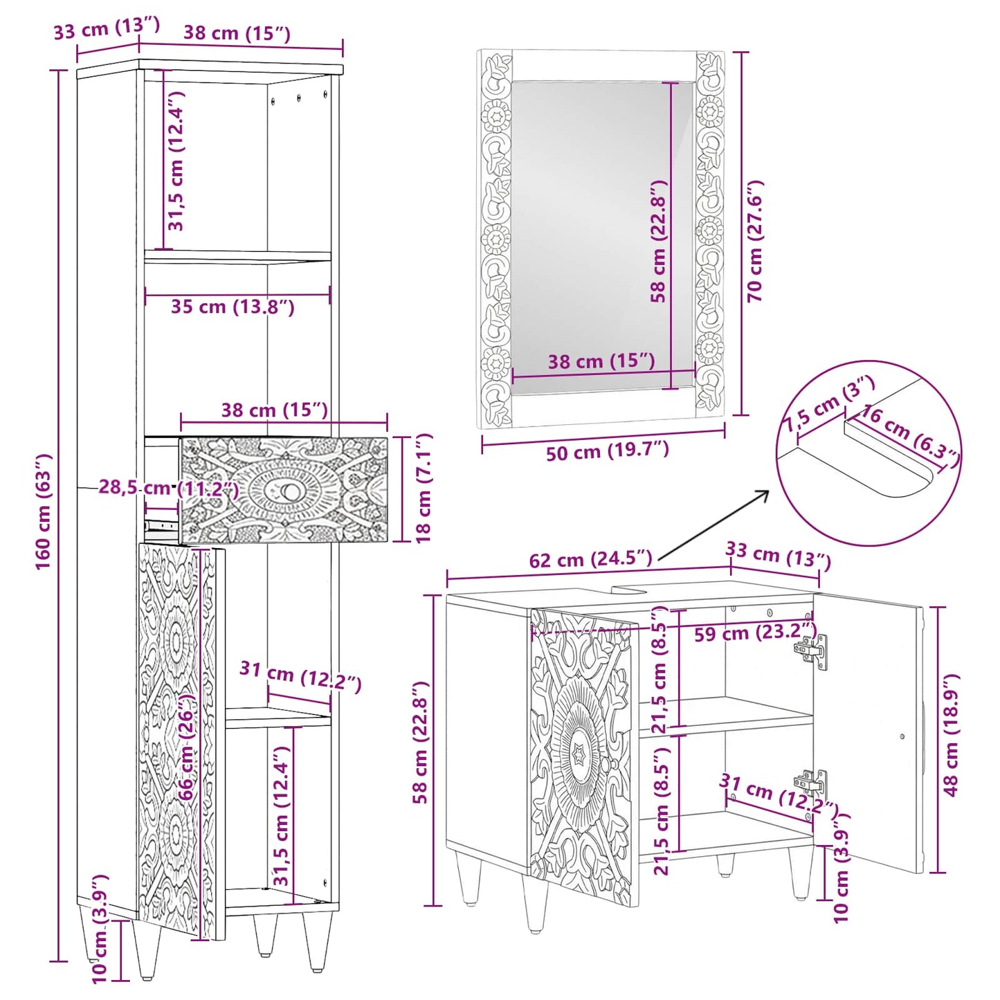 Badezimmermöbel-Set mit Schubladen 3 pcs Braun Massivholz Mango