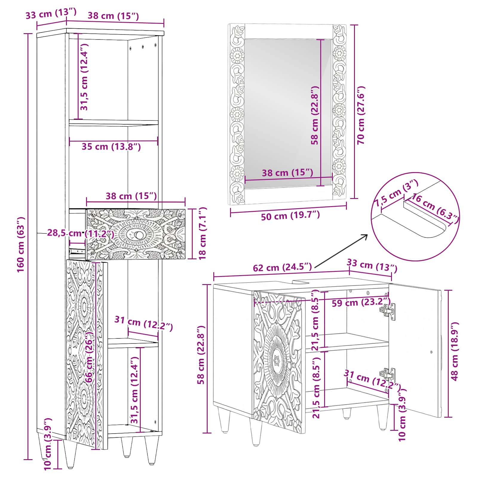 Badezimmermöbel-Set mit Schubladen 3 pcs Braun Massivholz Mango