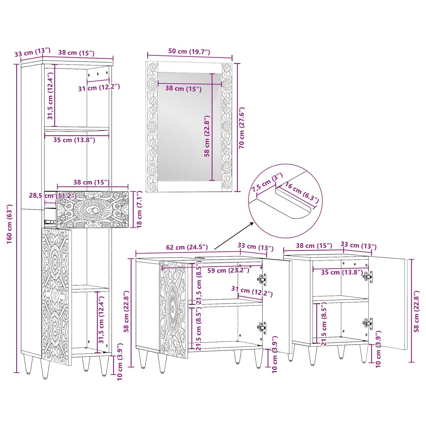 Badezimmermöbel-Set mit Schubladen 4 pcs Braun Massivholz Mango