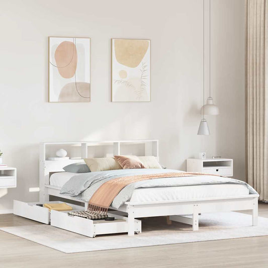 Lit en bois massif avec étagère sans matelas blanc 150x200 cm pin