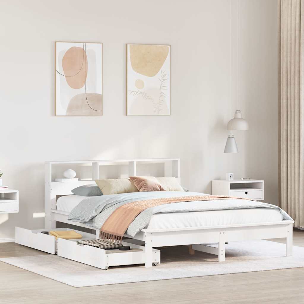 Lit en bois massif avec étagère sans matelas blanc 140x190 cm pin
