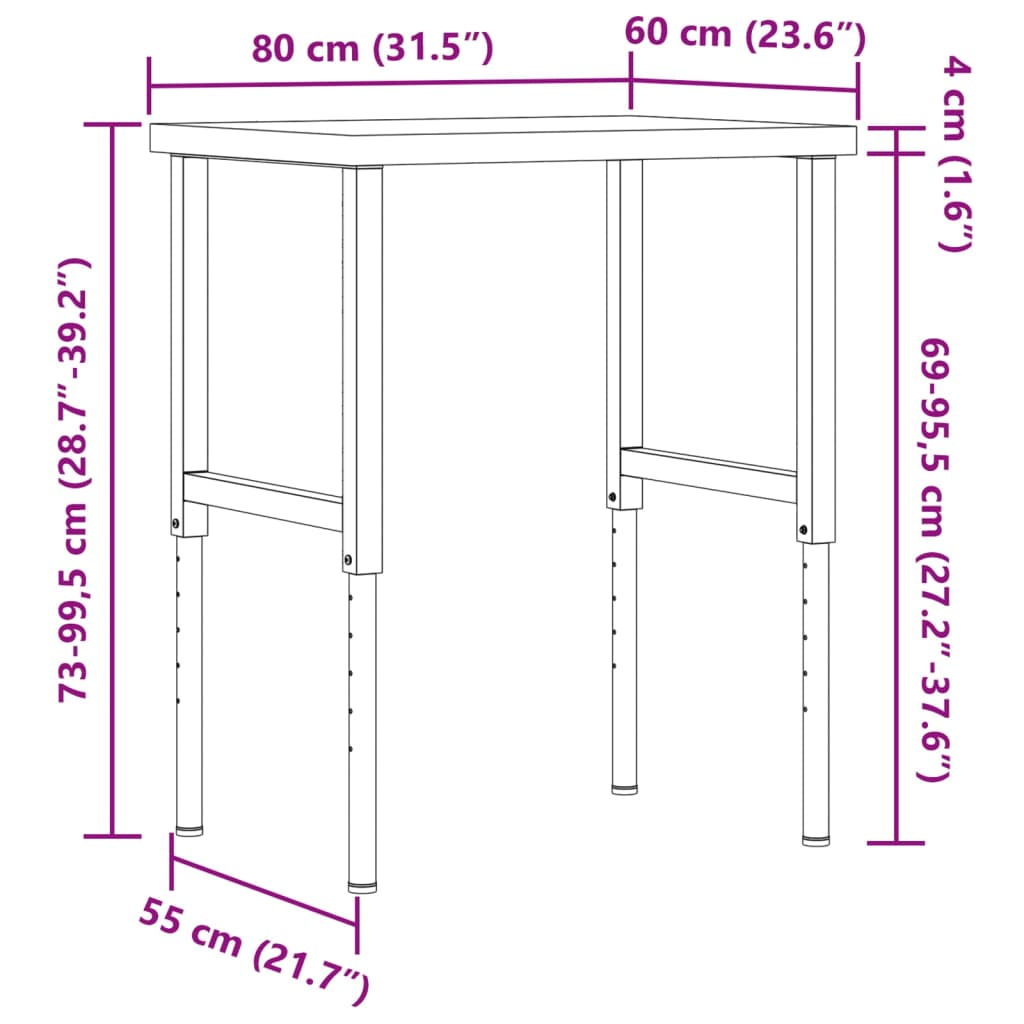 Werkbank 80x60x(73-99,5) cm Massivholz Akazie Rechteckig