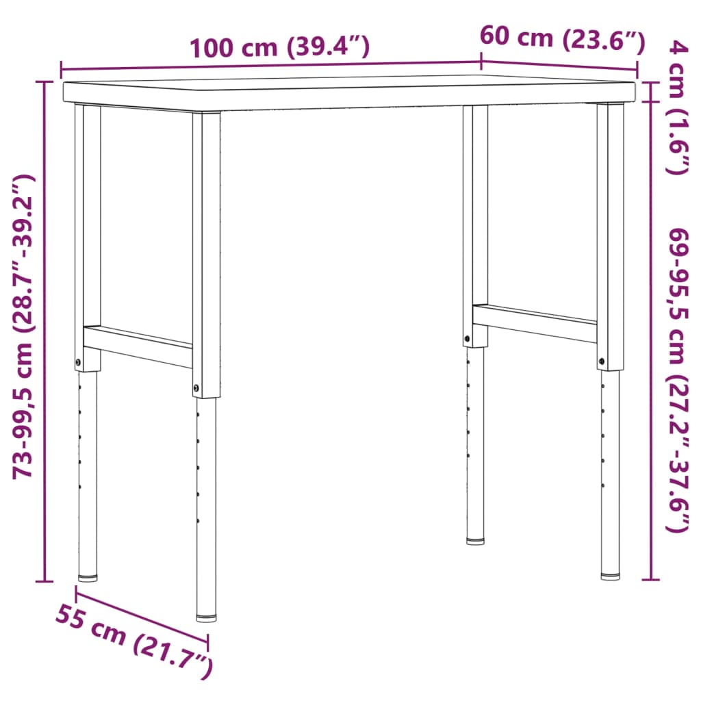 Werkbank 100x60x(73-99,5) cm Massivholz Akazie Rechteckig