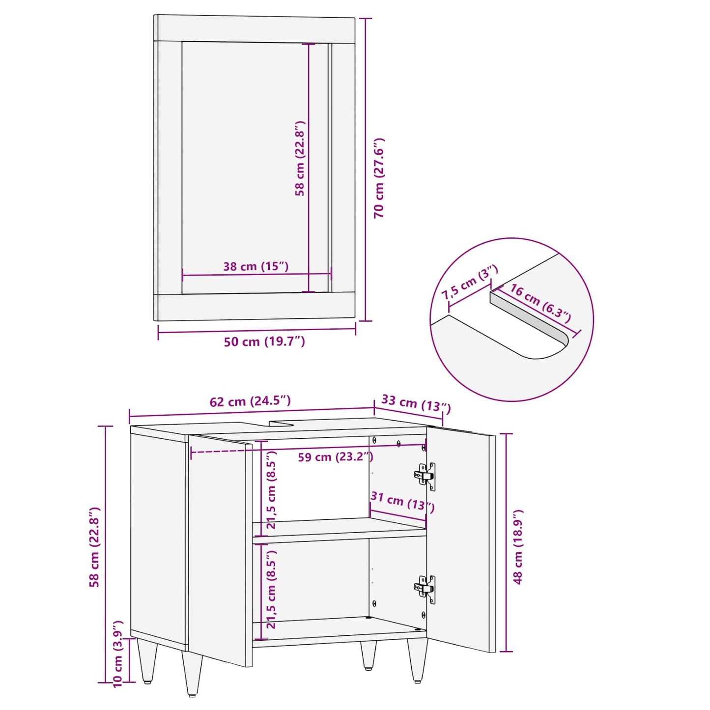 Badezimmerschrank-Set 2 stk. 62 x 33 x 58 cm Massivholz Mango