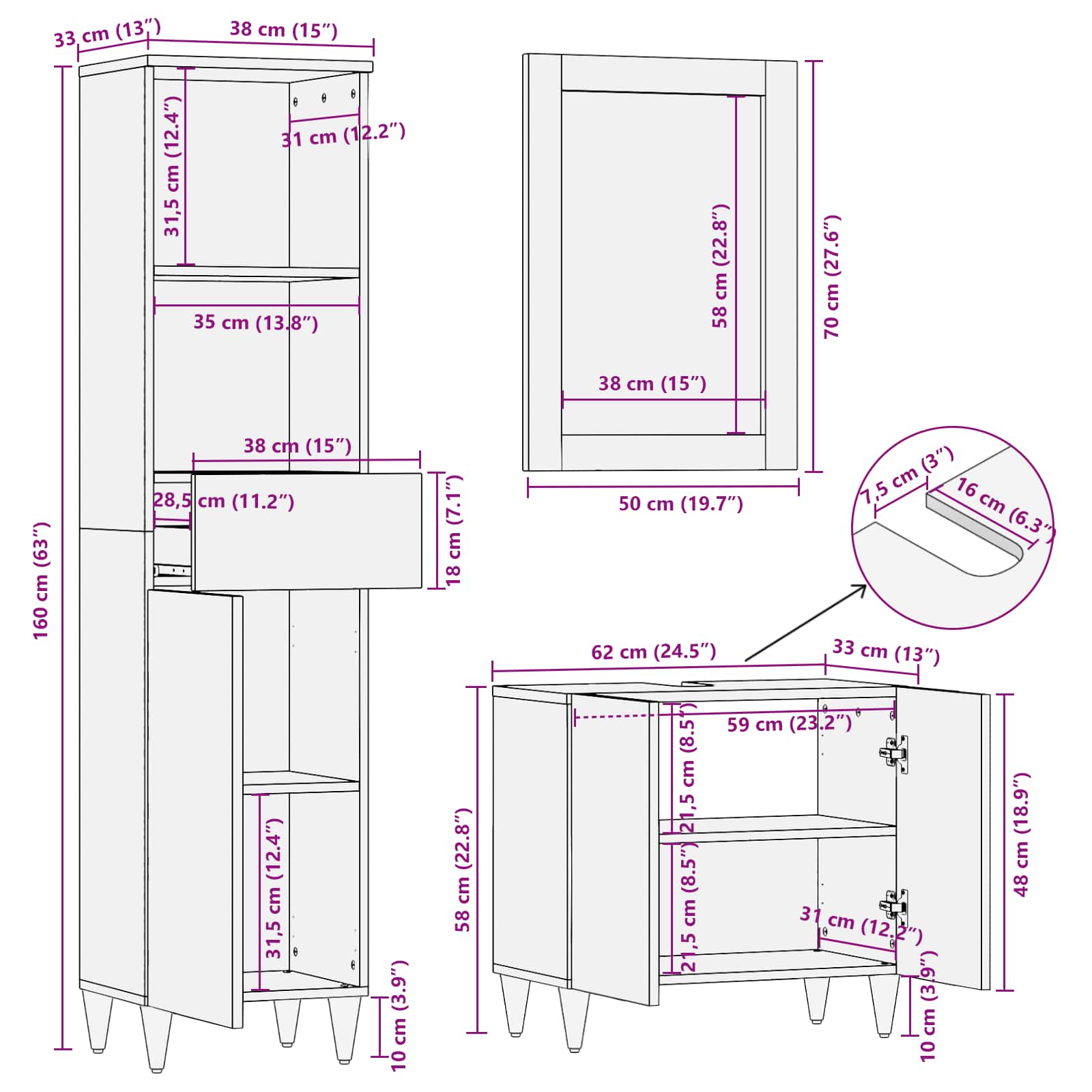 Badezimmerschrank-Set 3 stk. 62 x 33 x 58 cm Massivholz Mango