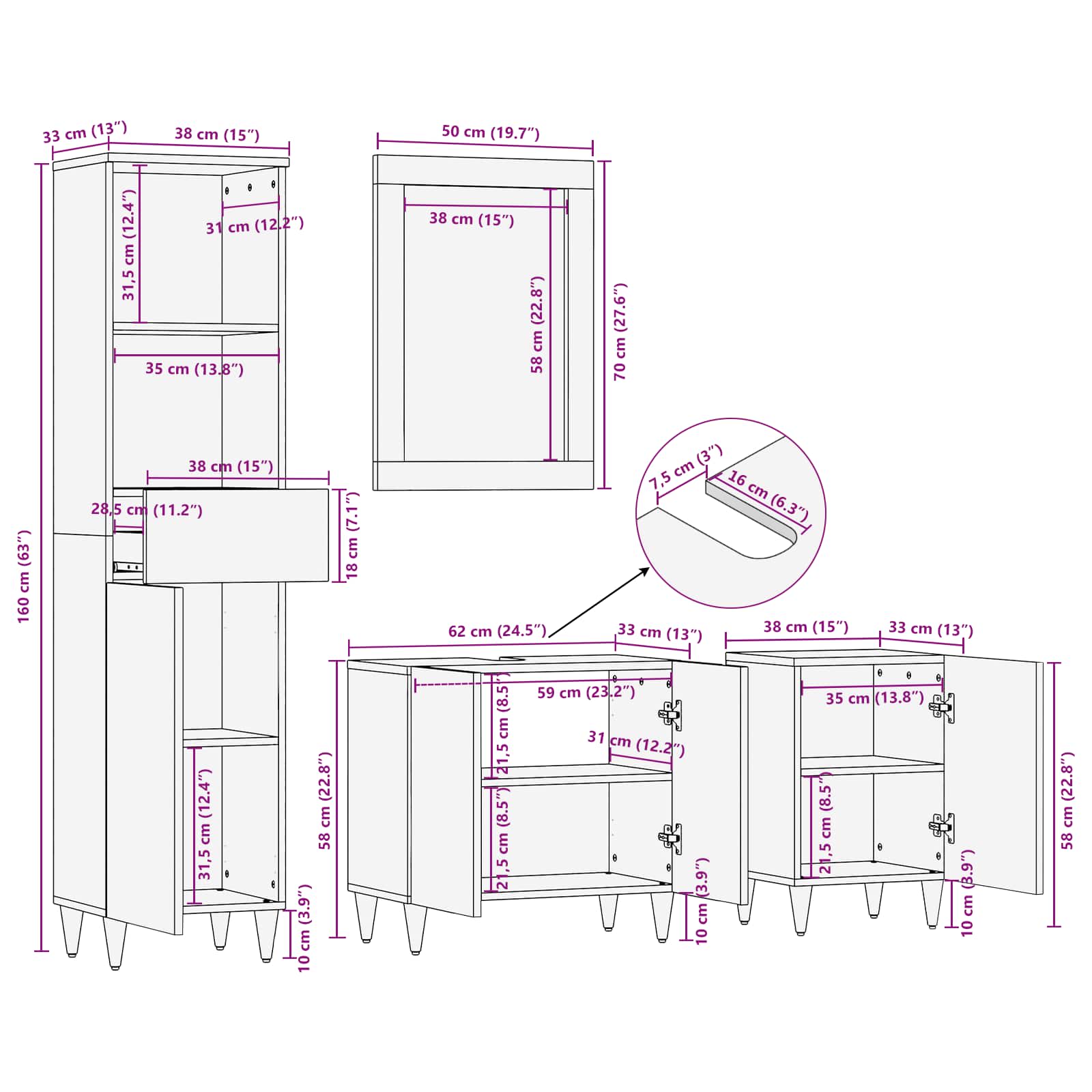 Badezimmerschrank-Set 4 stk. 62 x 33 x 58 cm Massivholz Mango