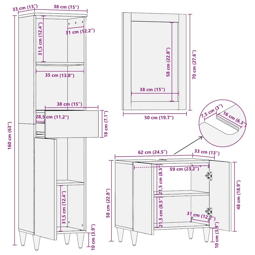 Badezimmerschrank-Set 3 stk. Grau 62 x 33 x 58 cm