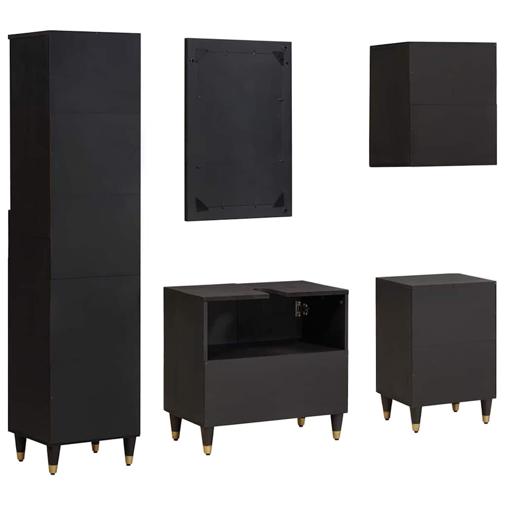 Badezimmerschrank-Set mit Tür 5 pcs Schwarz Massivholz Mango