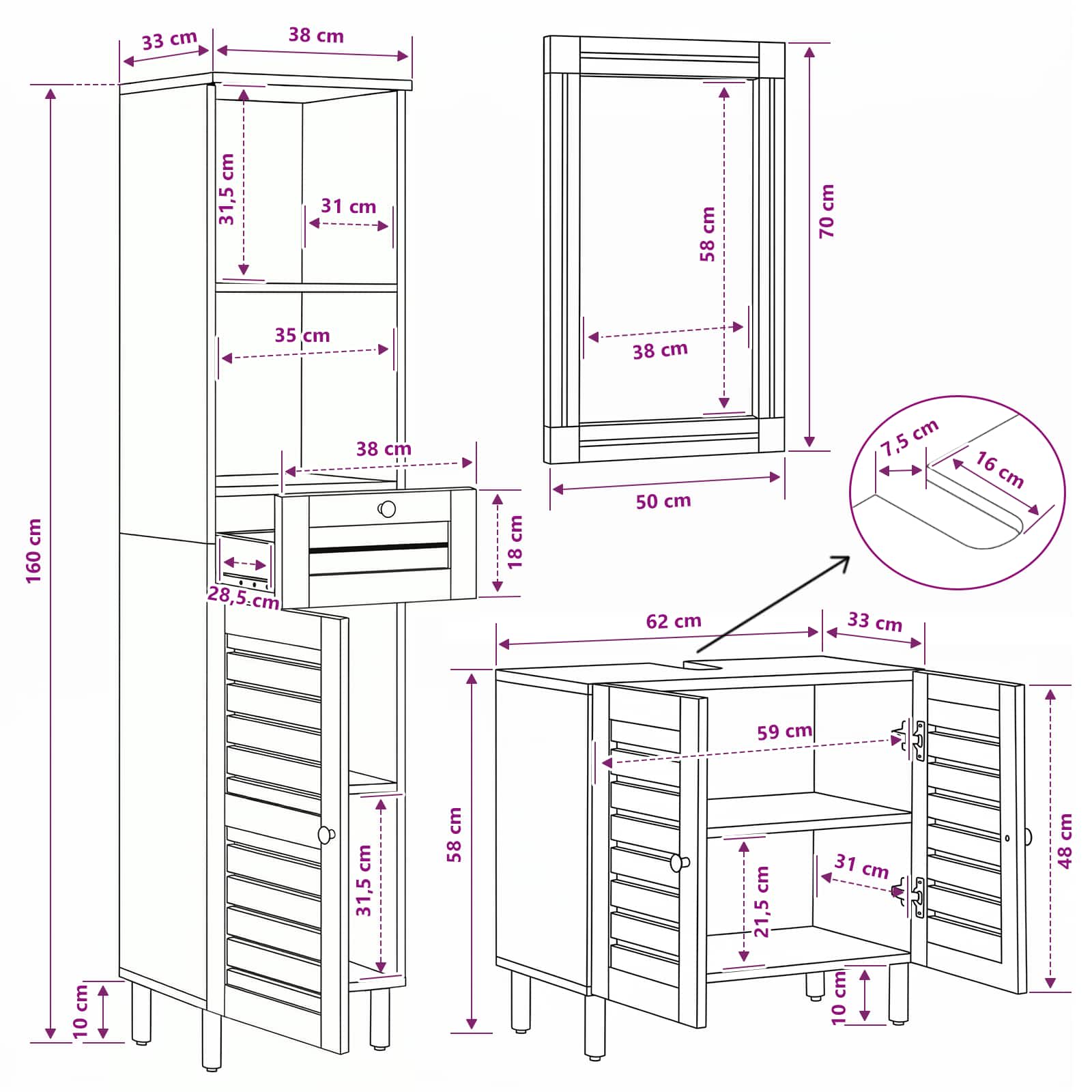 Badezimmerschrank-Set 3 Stk. Natur 38 x 33 x 160 cm
