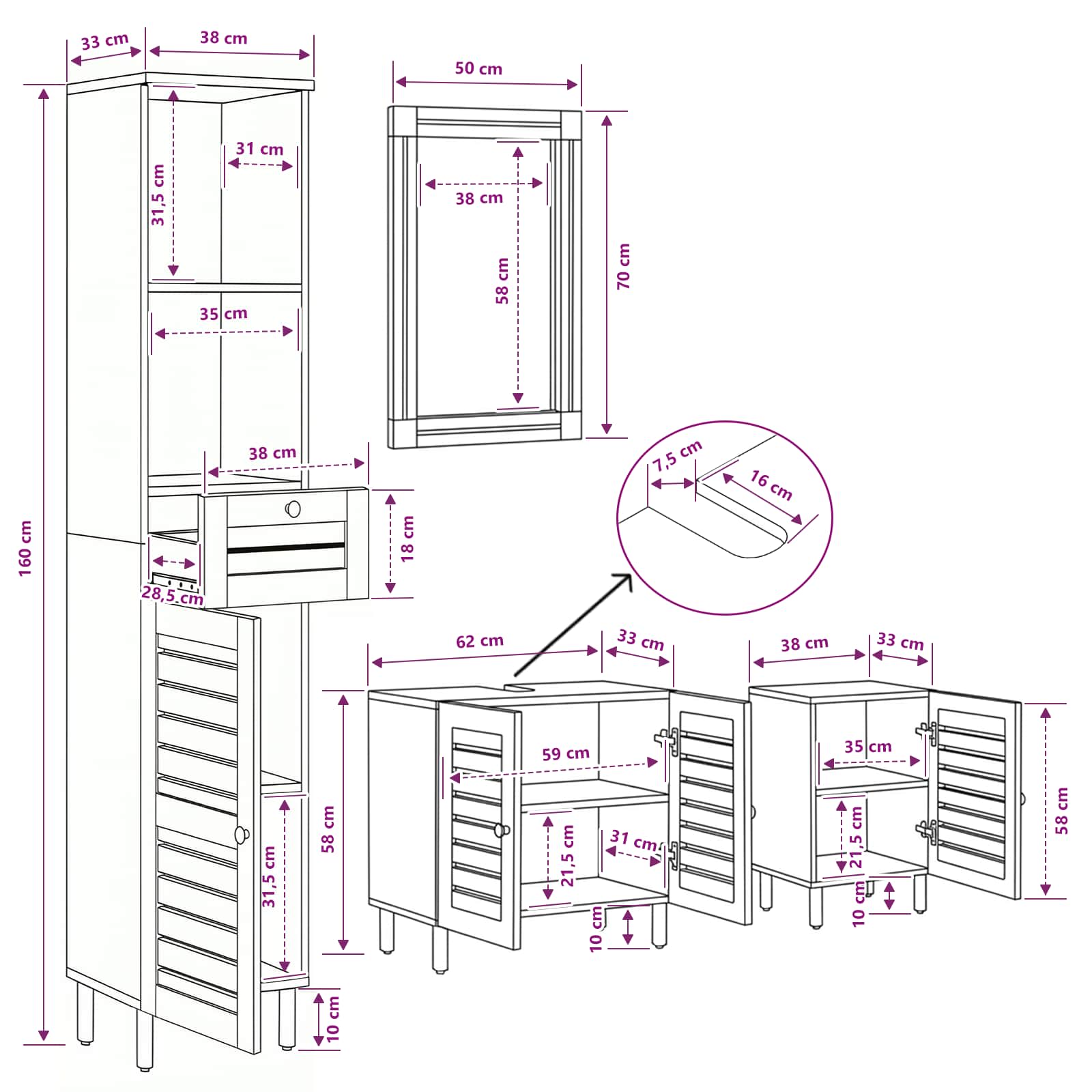 Badezimmerschrank-Set 4 Stk. Natur 38 x 33 x 160 cm