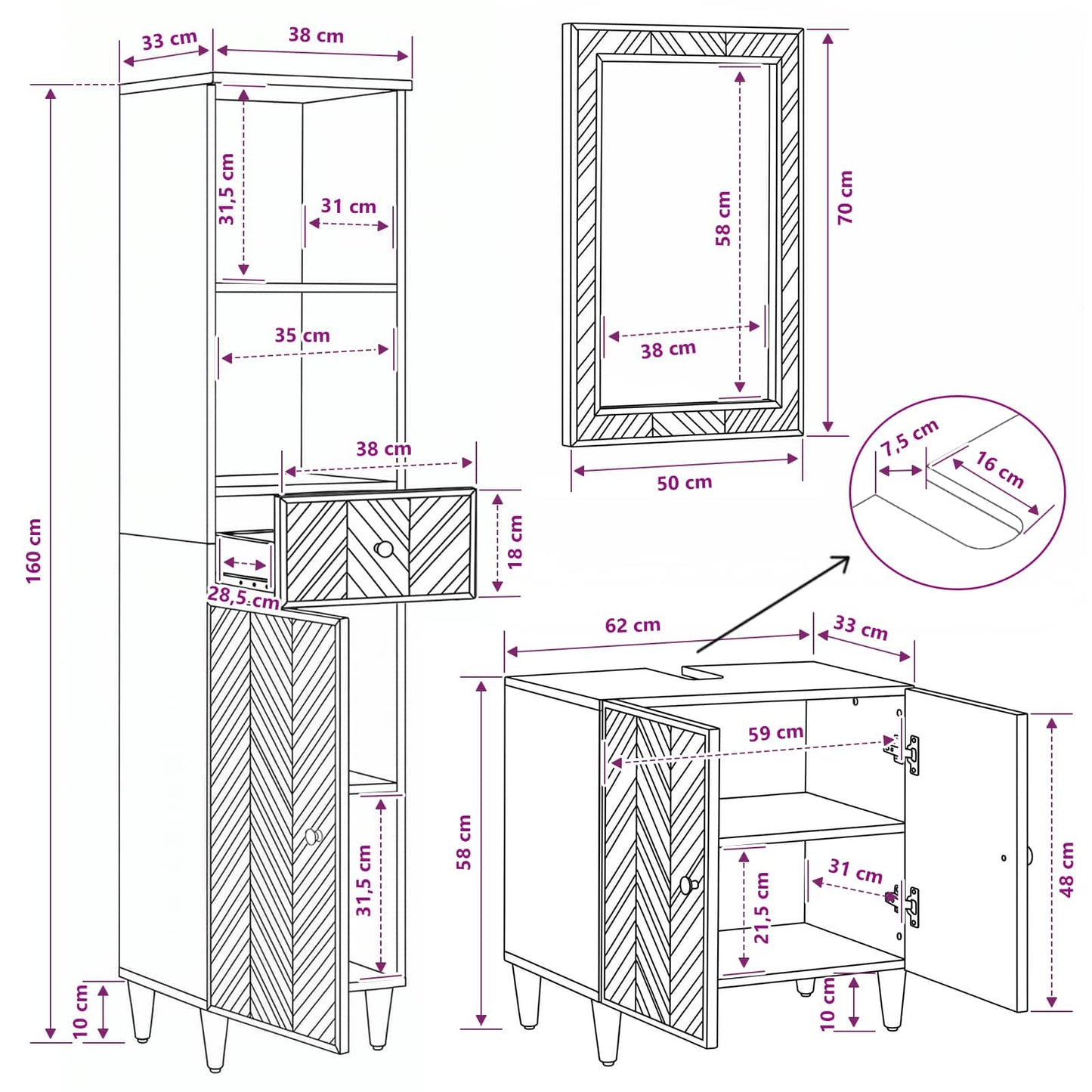 Badezimmerschrank-Set 3 stk. 62 x 33 x 58 cm Massivholz Mango