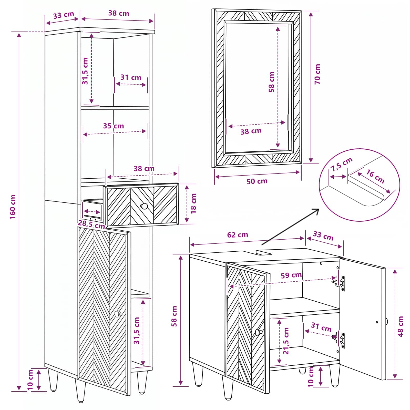 Badezimmerschrank-Set 3 stk. 62 x 33 x 58 cm Massivholz Mango