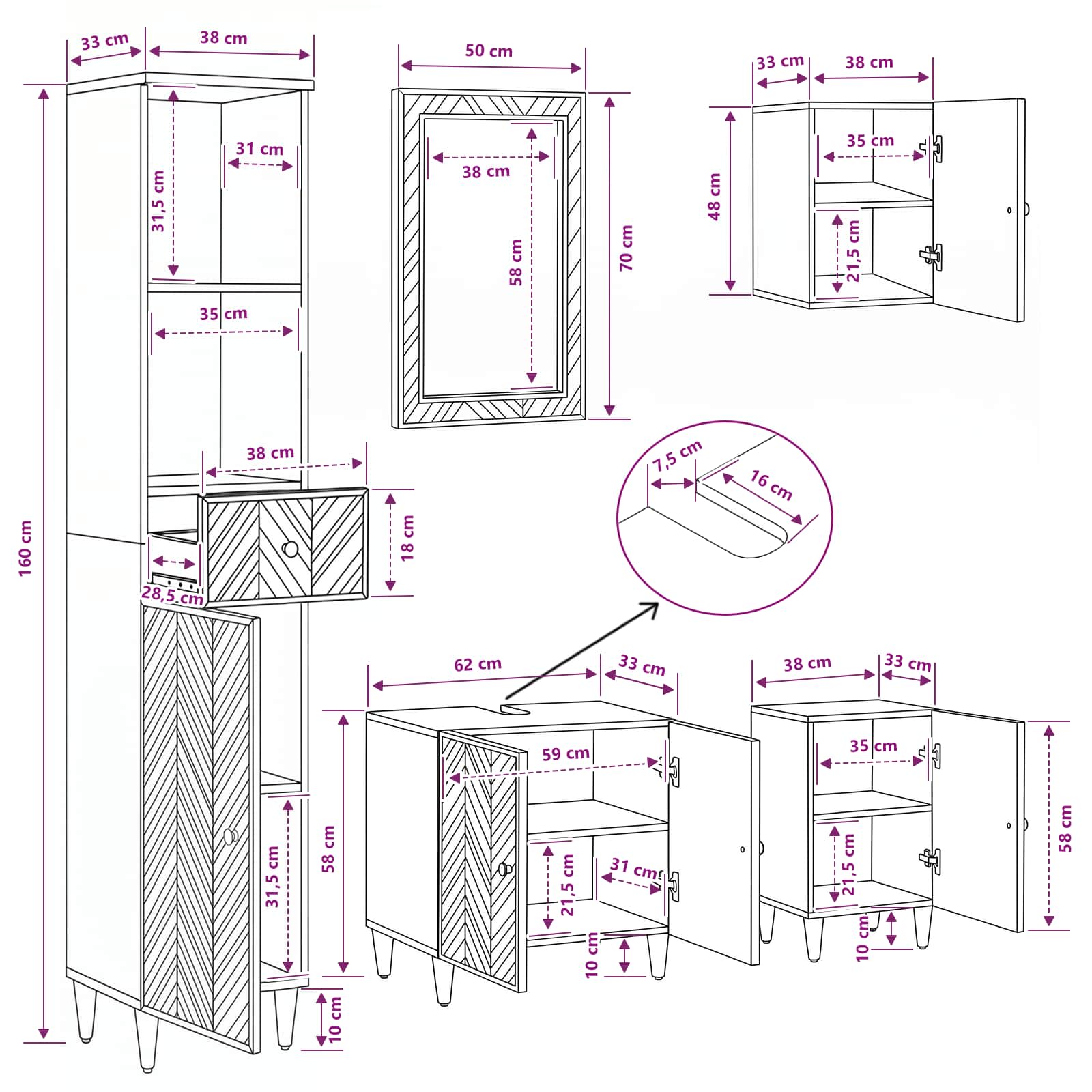 Badezimmerschrank-Set 4 stk. 62 x 33 x 58 cm Massivholz Mango