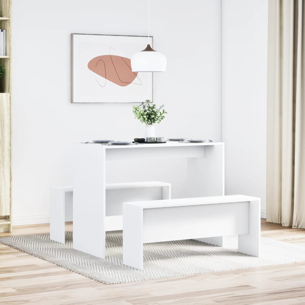 3 pièces. Ensemble table à manger et banc en bois blanc