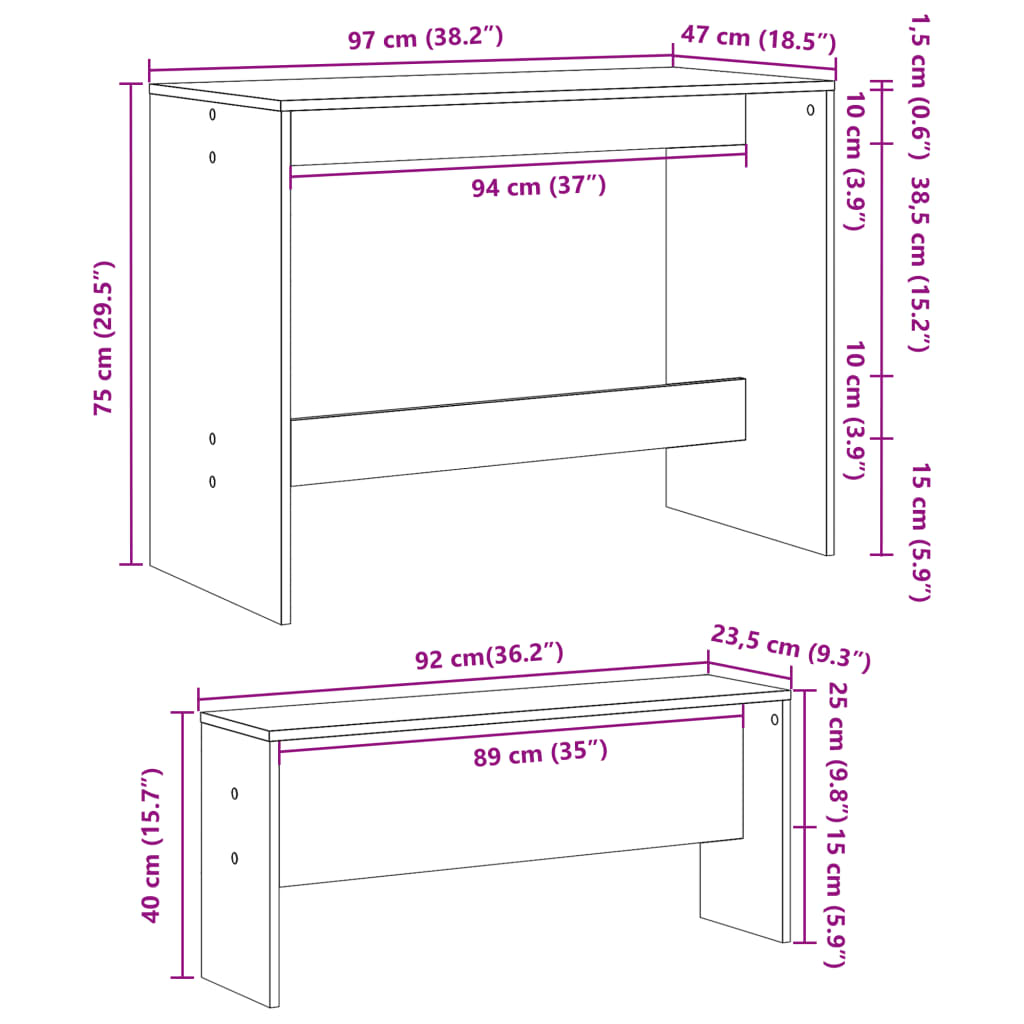 3 pièces. Ensemble table à manger et banc en bois blanc