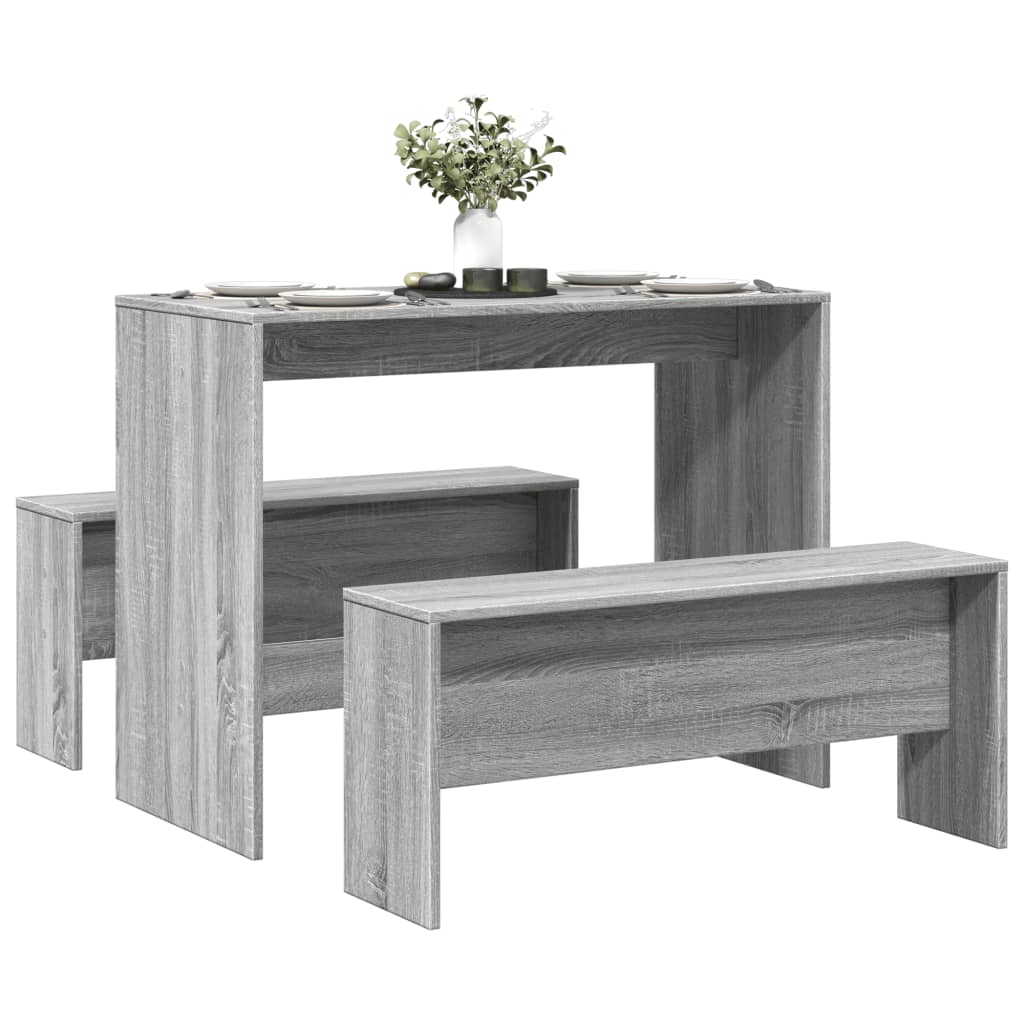 3 pièces. Ensemble table de salle à manger et bancs en bois d'ingénierie Sonoma gris