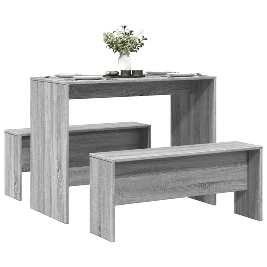 3 pièces. Ensemble table de salle à manger et bancs en bois d'ingénierie Sonoma gris