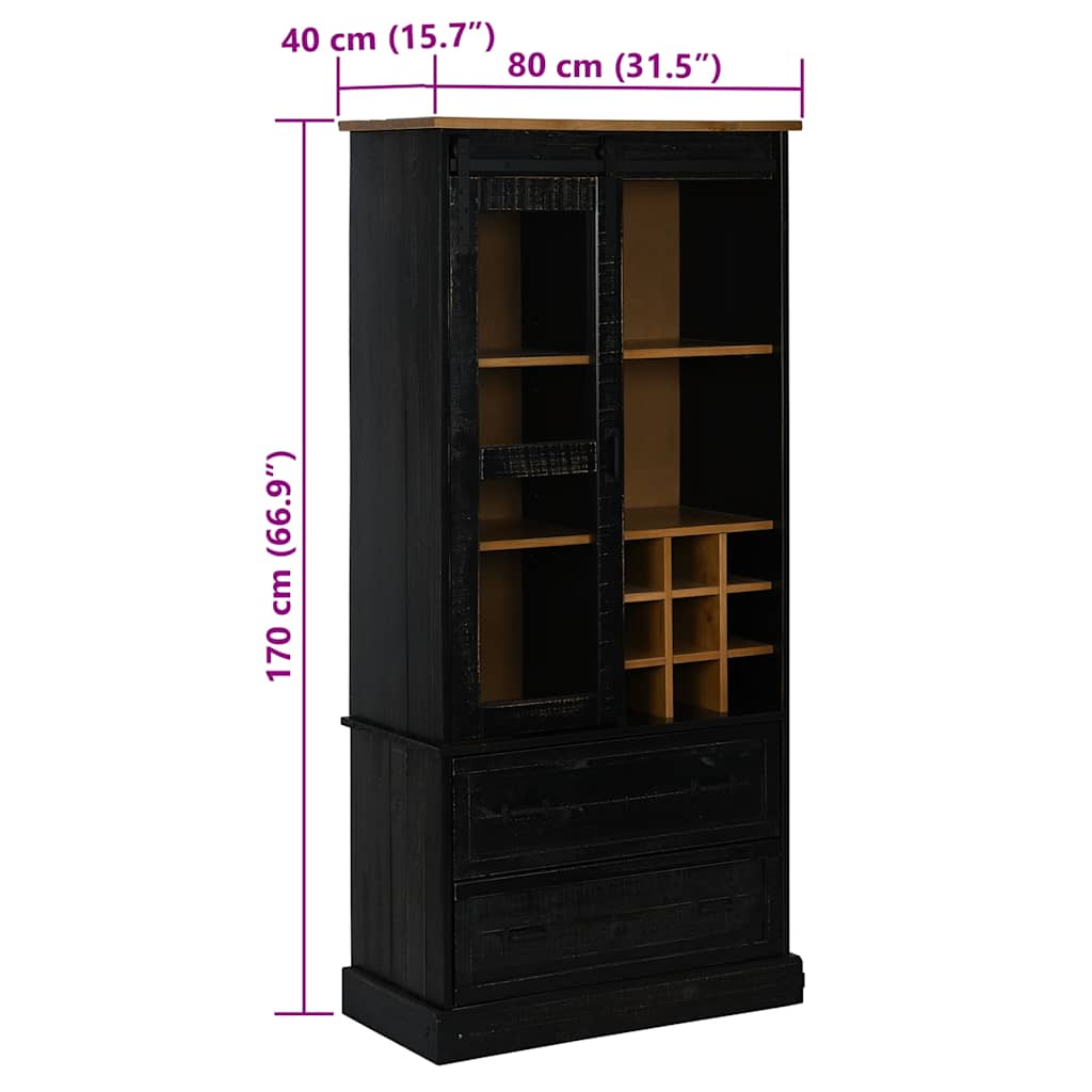 Armoire à vin HALDEN avec étagères à vin, porte coulissante, pin noir