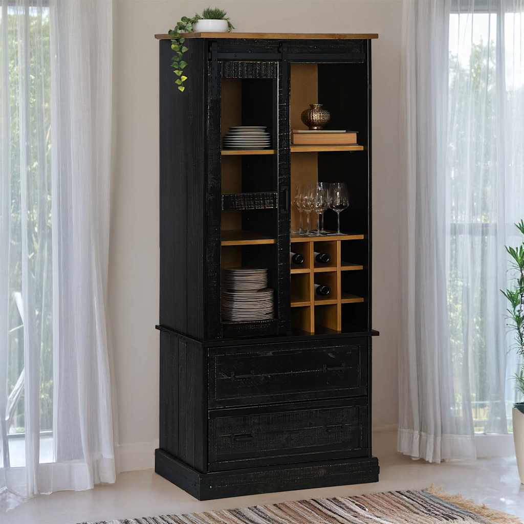 Armoire à vin HALDEN avec étagères à vin, porte coulissante, pin noir