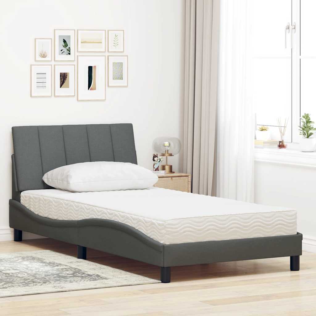 Lit avec matelas "Hanko" gris foncé 100x200 cm tissu