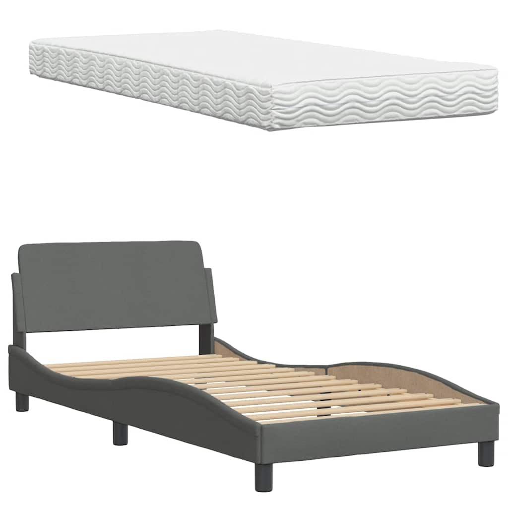 Lit avec matelas "Hanko" gris foncé 100x200 cm tissu