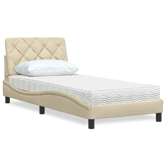 Bed with mattress cream 90x190 cm fabric