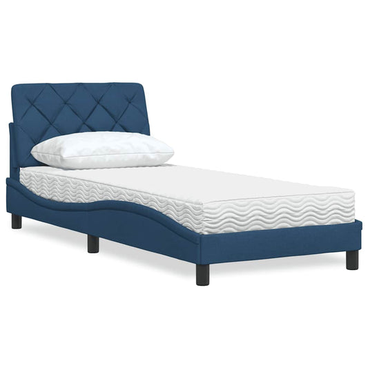 Bed with mattress blue 90x190 cm fabric
