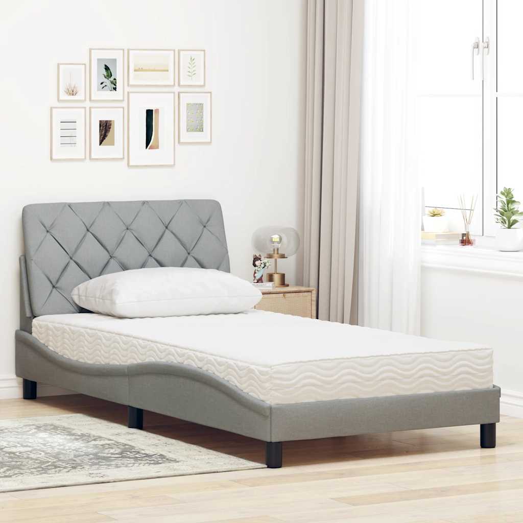 Bed with mattress light grey 100x200 cm fabric