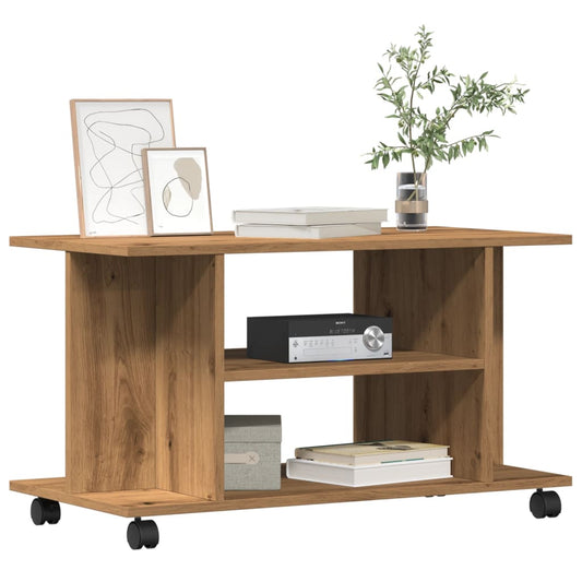 TV shelf with castors Artisan oak 80x40x45 cm wood-based material