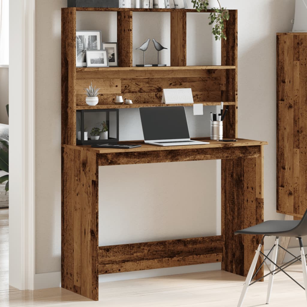 Bureau avec étagère aspect bois de récupération 102x45x148cm en bois