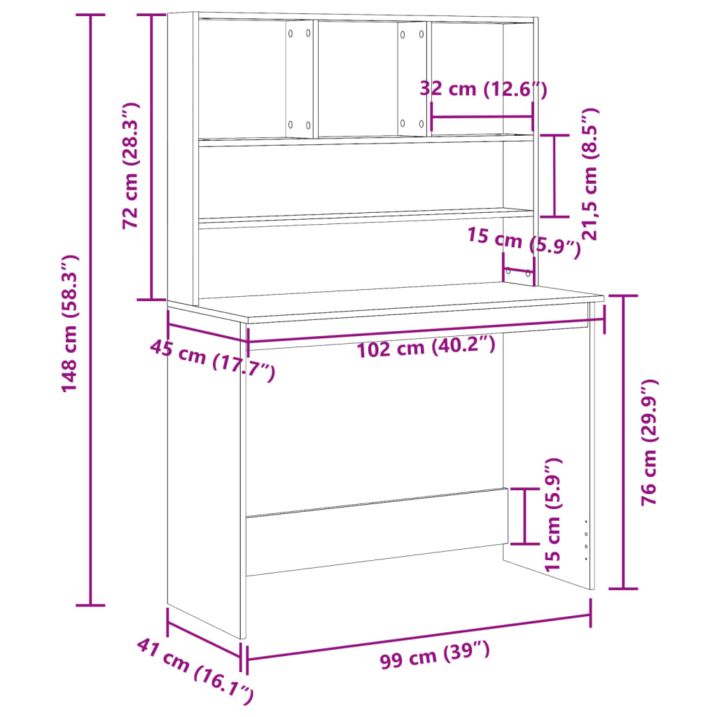 Bureau avec étagère aspect bois de récupération 102x45x148cm en bois