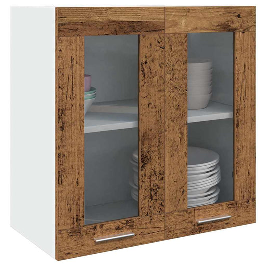 Meuble haut de cuisine Lyon avec portes vitrées, aspect bois ancien, 60x31x60 cm