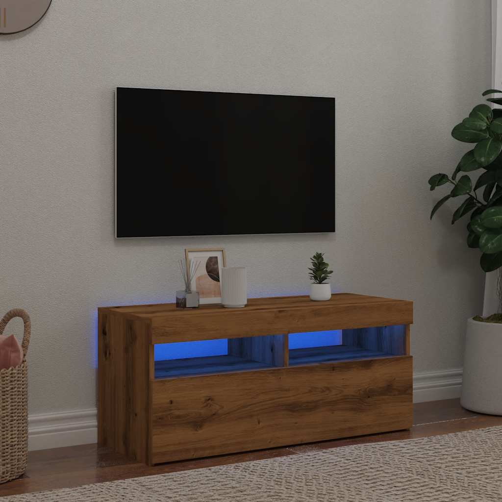 Meuble TV avec lumières LED Chêne artisanal 90x35x40 cm