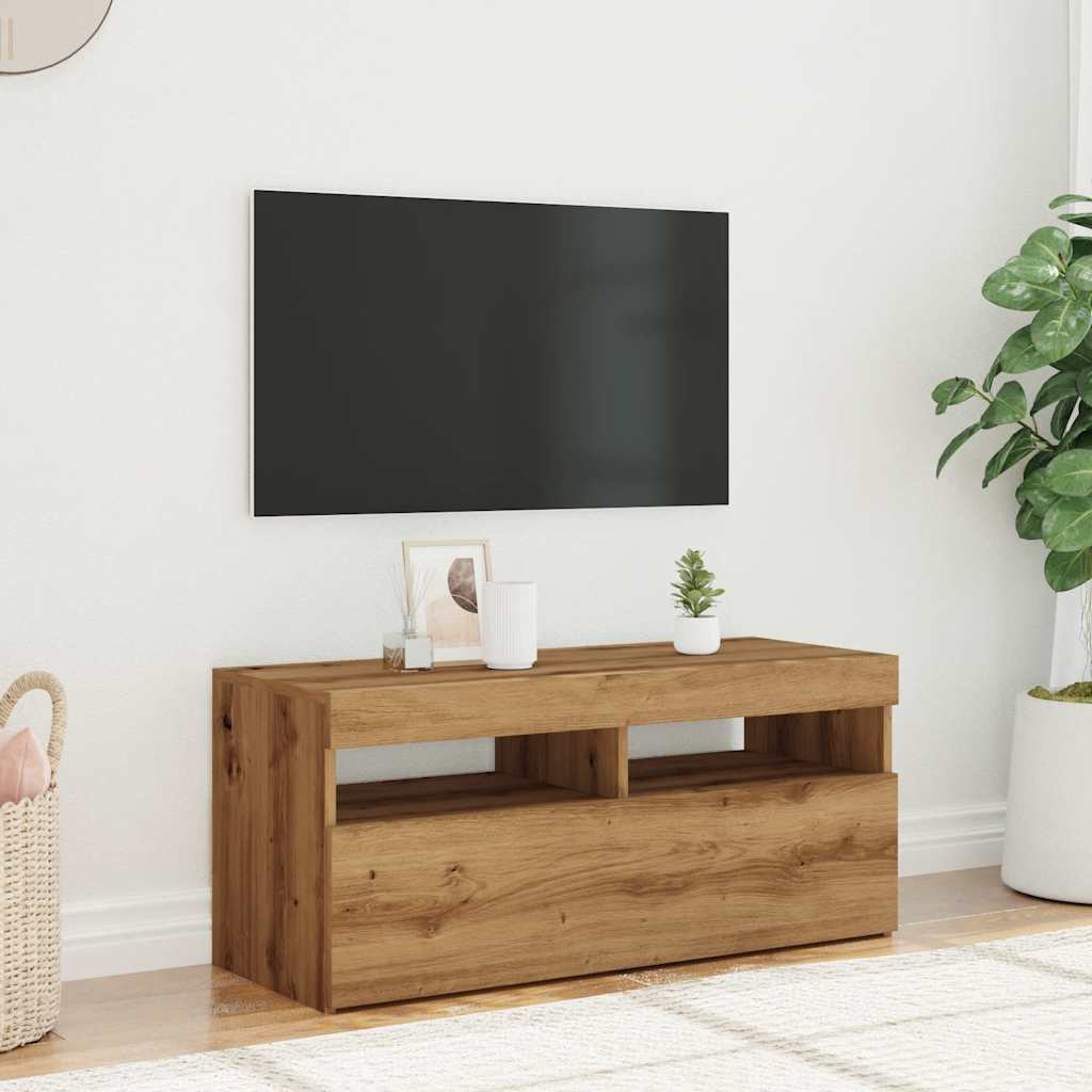 Meuble TV avec lumières LED Chêne artisanal 90x35x40 cm