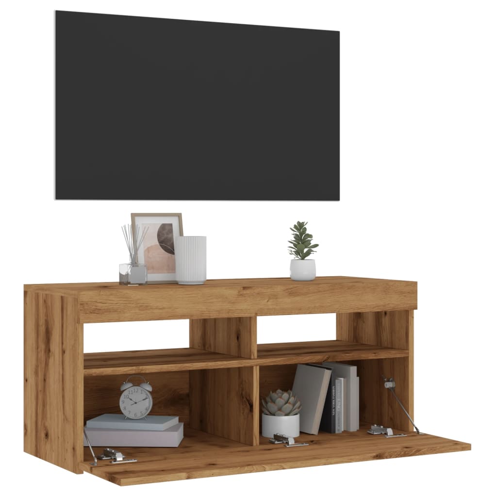Meuble TV avec lumières LED Chêne artisanal 90x35x40 cm