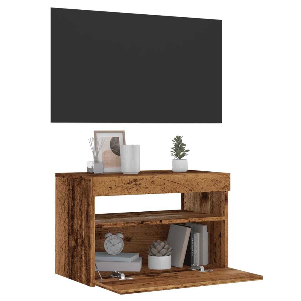 Meuble TV avec éclairage LED, aspect bois récupéré, 60x35x40 cm
