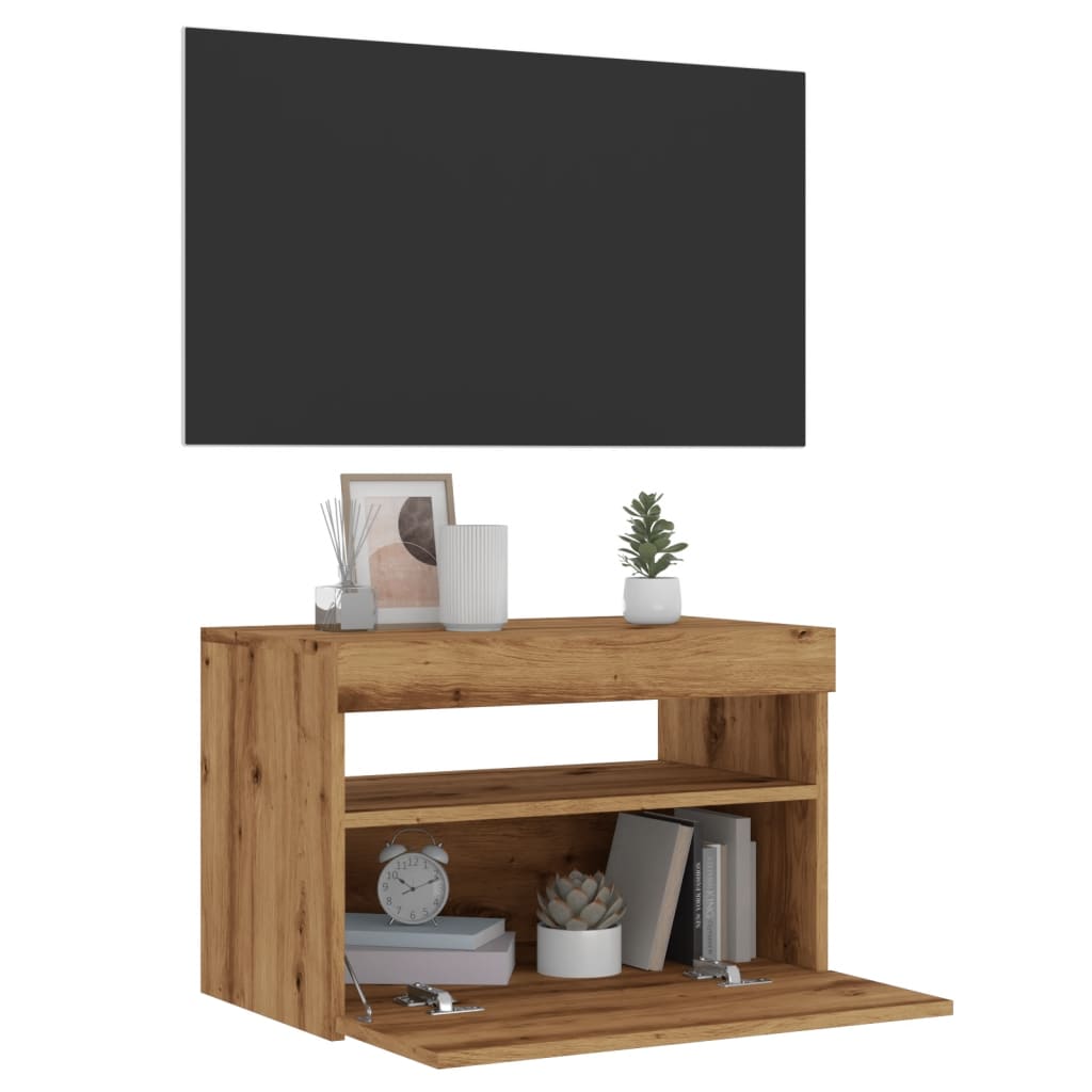 Meuble TV avec éclairage LED Chêne artisanal 60x35x40 cm