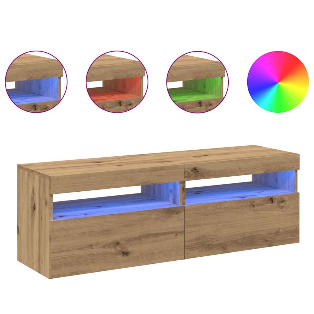 Meubles TV avec lumières LED 2 pièces en bois de chêne artisanal.