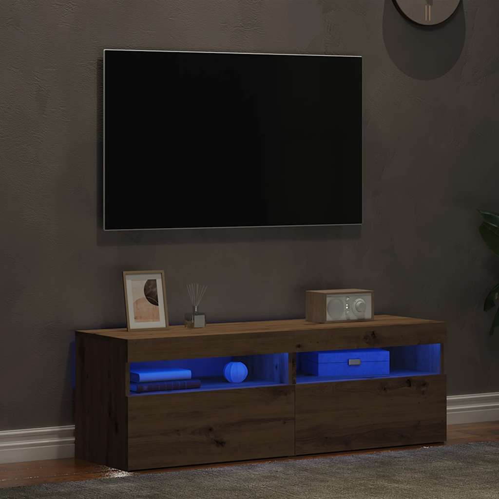 Meubles TV avec lumières LED 2 pièces en bois de chêne artisanal.