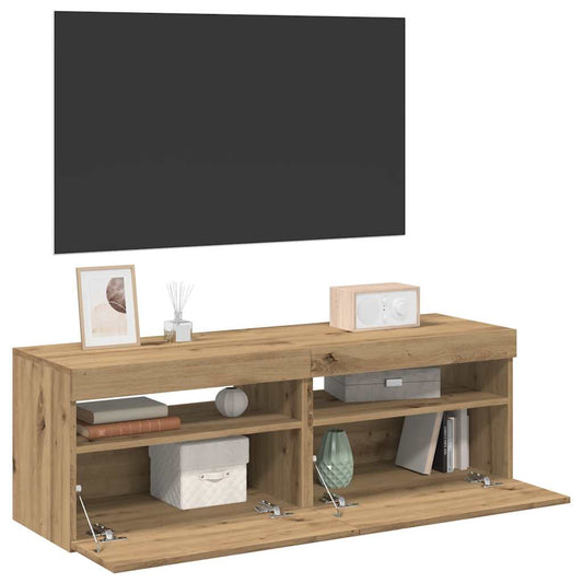 Meubles TV avec lumières LED 2 pièces en bois de chêne artisanal.