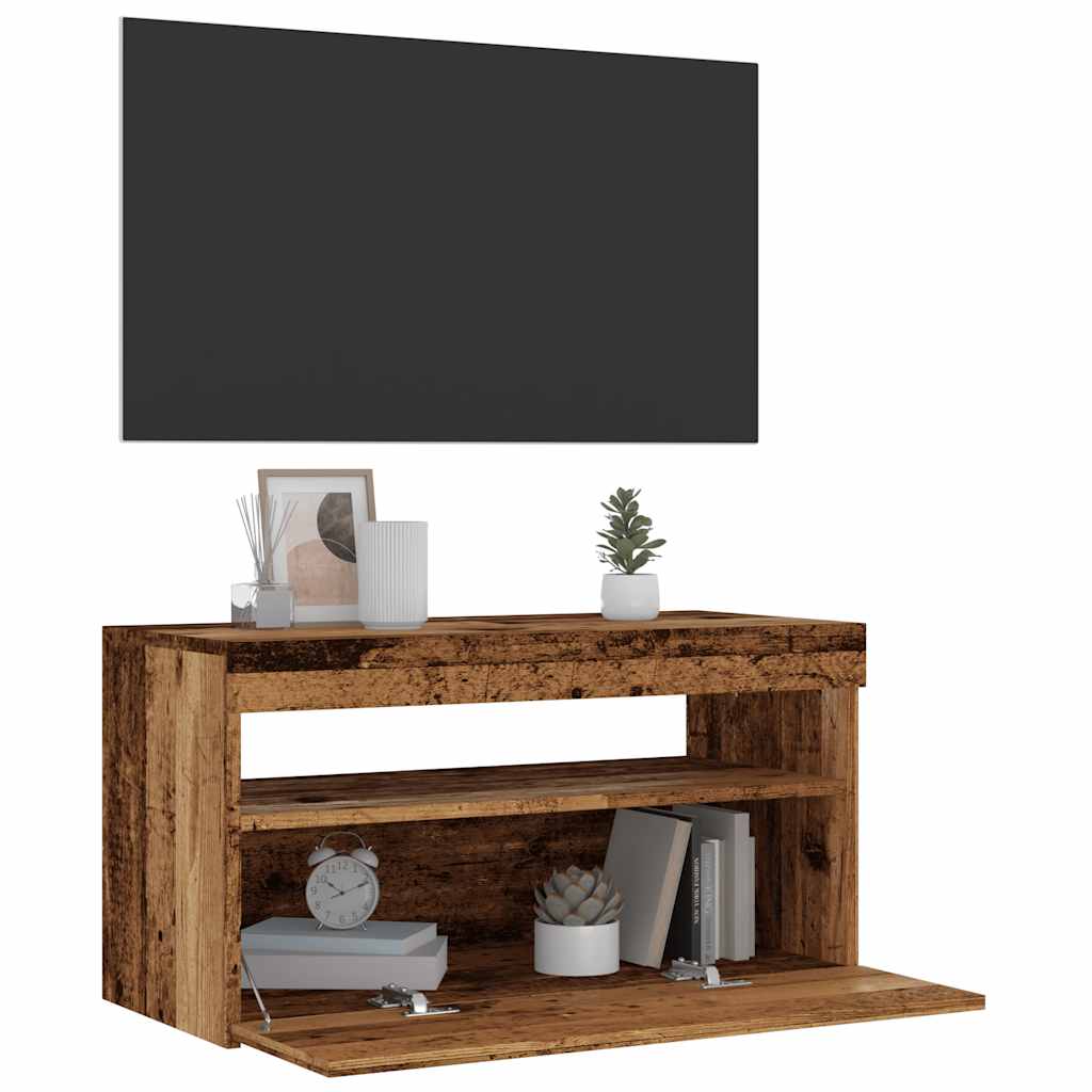 Meubles TV avec lumières LED 2 pièces aspect bois de récupération en bois.