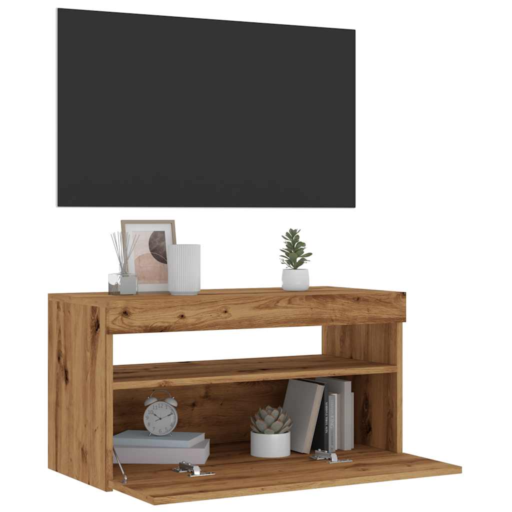 Meubles TV avec lumières LED 2 pièces en bois de chêne artisanal.