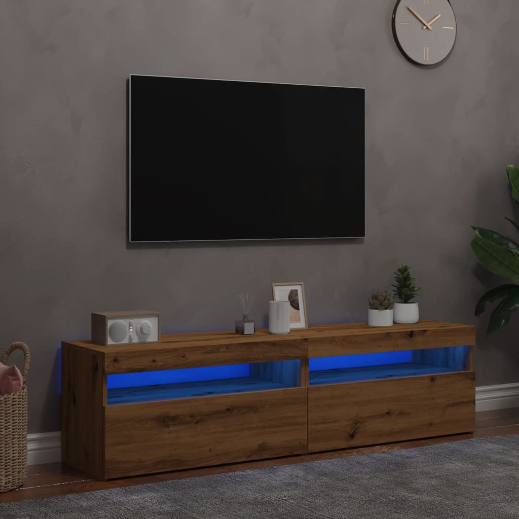 Meubles TV avec lumières LED 2 pièces en bois de chêne artisanal.