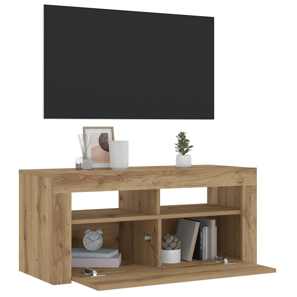 Meuble TV avec lumières LED Chêne artisanal 90x35x40 cm