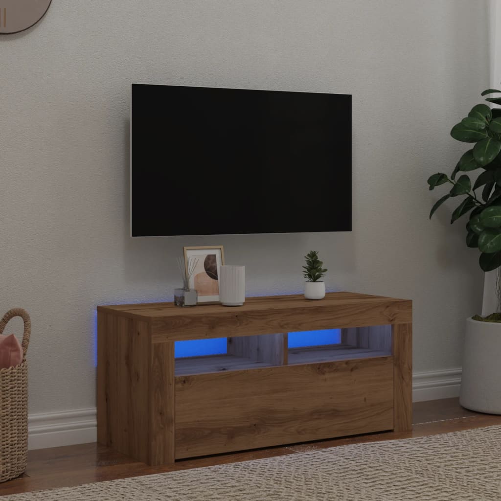 Meuble TV avec lumières LED Chêne artisanal 90x35x40 cm